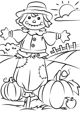 Autumn Scene With Scarecrow Coloring Page